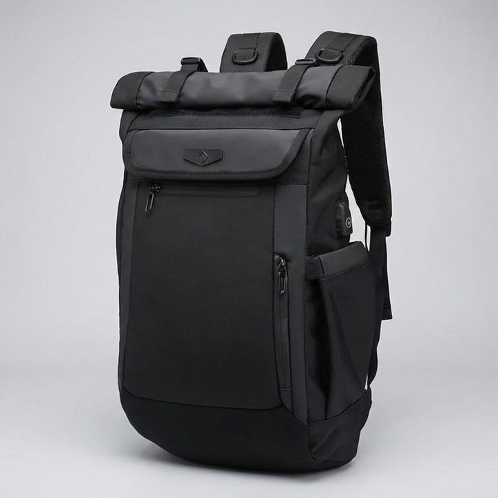 Spacious black roll-top travel backpack, waterproof & durable, perfect for outdoor gear & adventure trips.