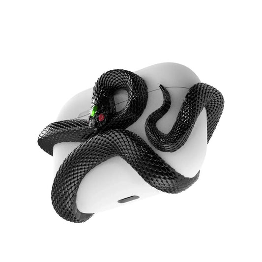 Unisex black silicone earbud charging case with intricate serpent design, offers protective scratch resistance.