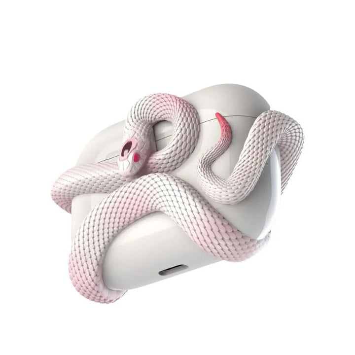 Stylish pink serpent design earbud case, a unique silicone cover for wireless charging and protection.