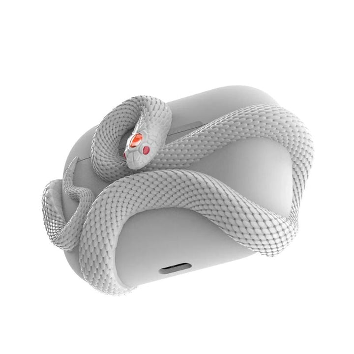 White unisex earbud charging case featuring a distinct serpent pattern, durable and scratch-resistant silicone.