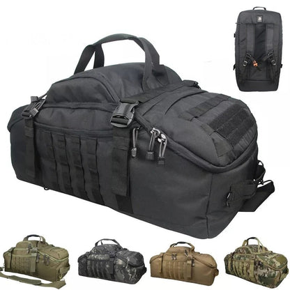 Unisex black tactical 3-in-1 duffel backpack for travel, gym, and outdoor use, waterproof material.