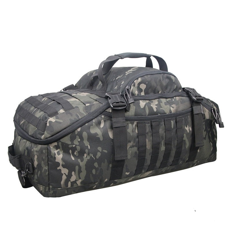 Detail of the heavy-duty buckles and straps on the unisex tactical 3-in-1 gym and travel bag.