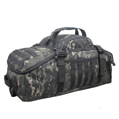 Detail of the heavy-duty buckles and straps on the unisex tactical 3-in-1 gym and travel bag.
