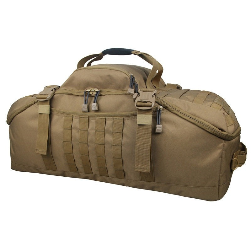Tactical backpack laid flat, demonstrating its capacity and full expansion as a duffel.