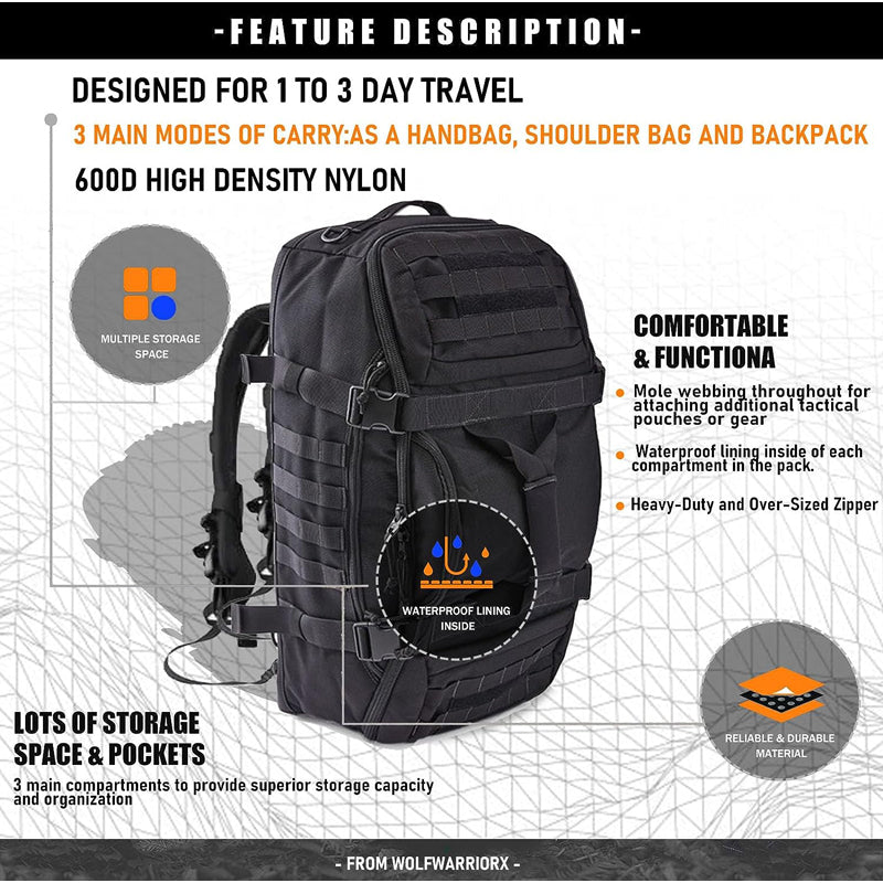 Front view of waterproof tactical duffel backpack with molle system, suitable for camping and travel.