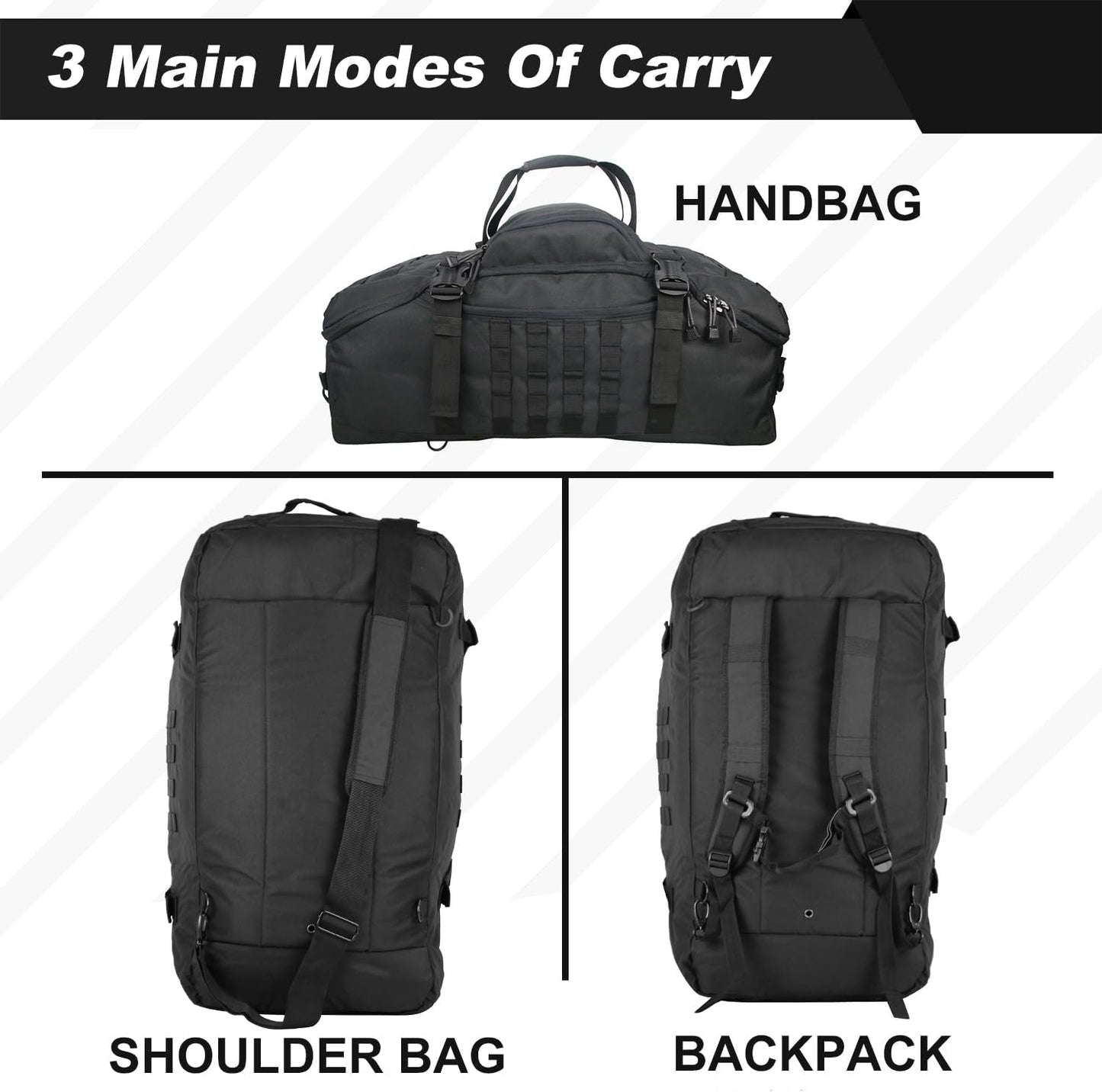 Side view of the 3-in-1 tactical gym bag, dark gray, showing convertible backpack straps.