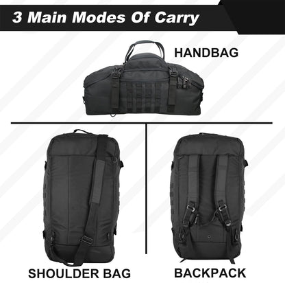 Side view of the 3-in-1 tactical gym bag, dark gray, showing convertible backpack straps.