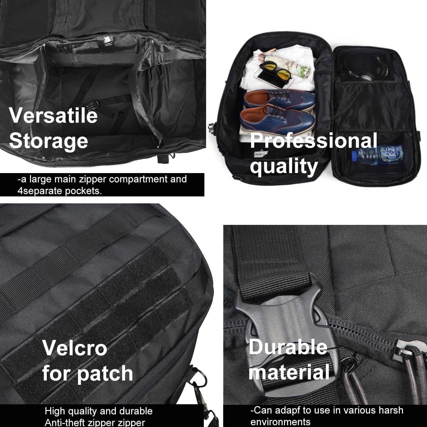 Top-down view of the unisex tactical travel bag, highlighting its spacious main compartment.