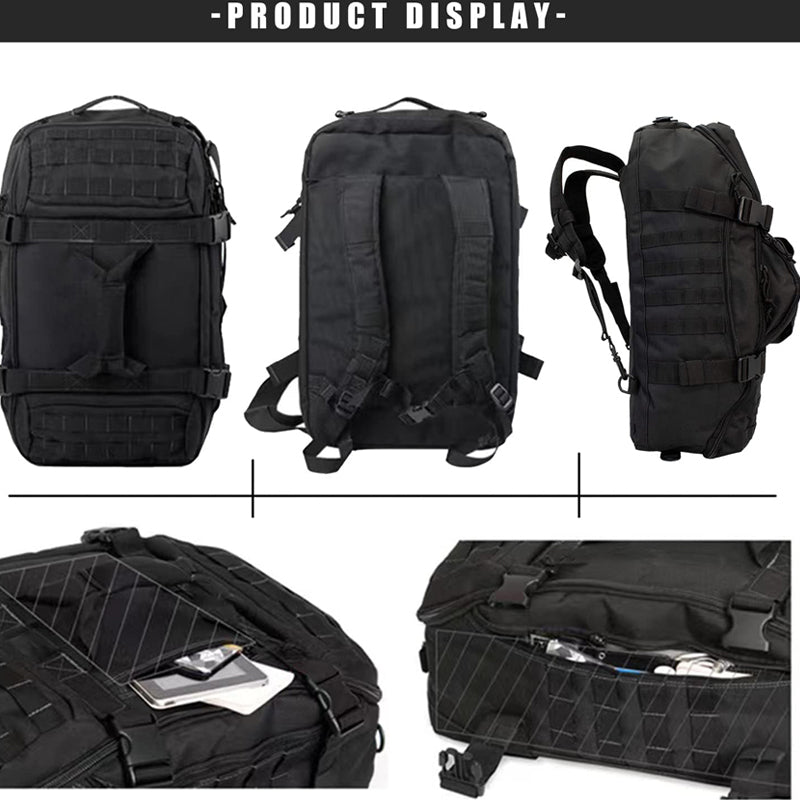 Close-up of the waterproof fabric on the military-style duffel backpack with durable zippers.