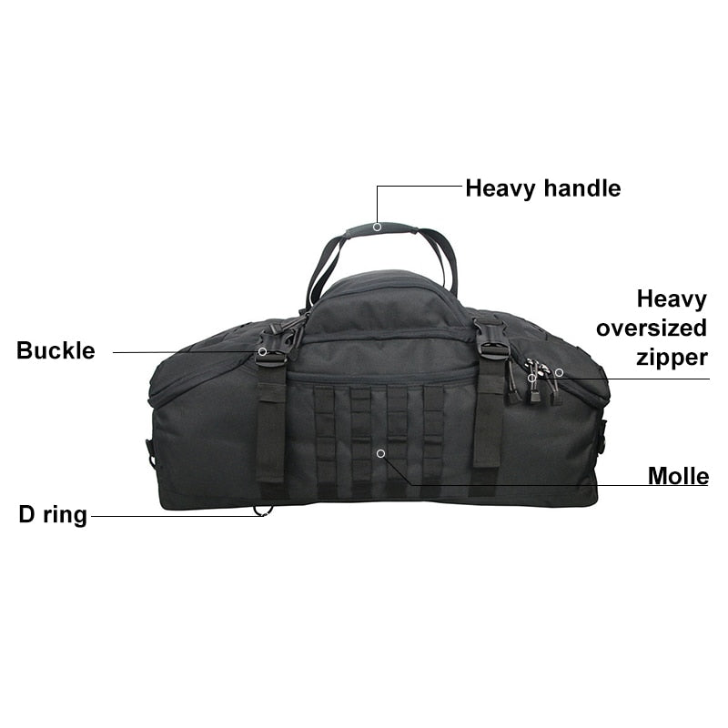 Tactical 3-in-1 duffel backpack worn as a backpack, showcasing its ergonomic design for outdoor gear.