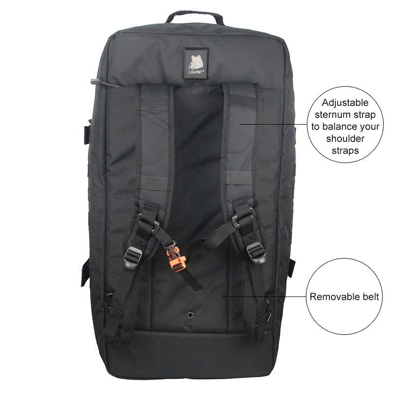 Man carrying the black tactical duffel bag in backpack mode, ideal for gym or hiking.