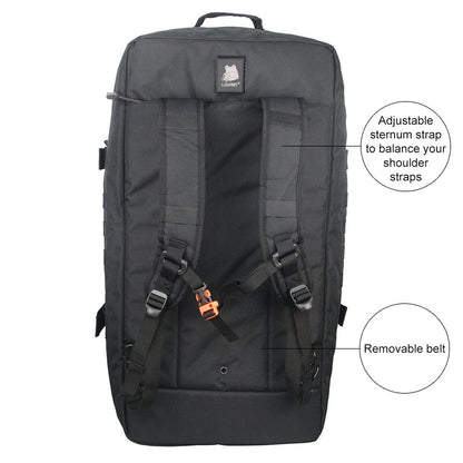 Man carrying the black tactical duffel bag in backpack mode, ideal for gym or hiking.