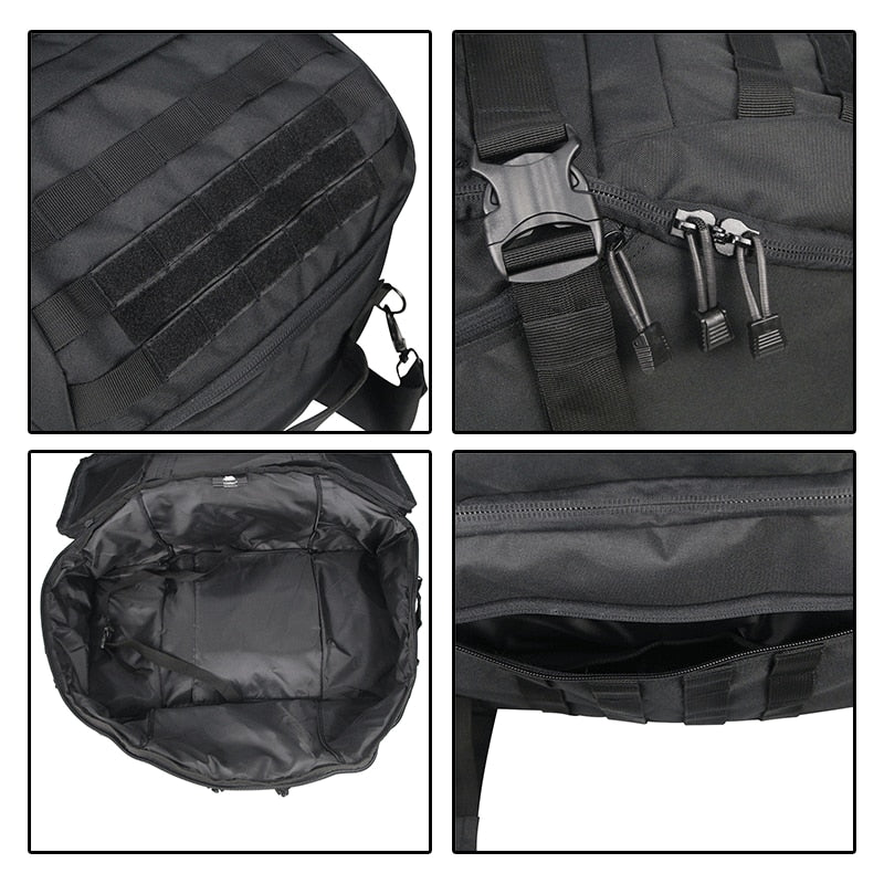 Woman with the tactical 3-in-1 travel bag by her side, showing its versatility as a duffel.