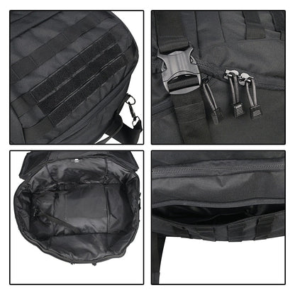 Woman with the tactical 3-in-1 travel bag by her side, showing its versatility as a duffel.
