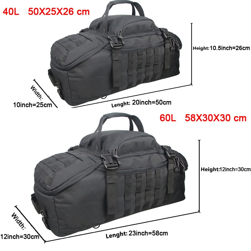 Molle system attachment points on the side of the tactical waterproof duffel backpack, olive green.