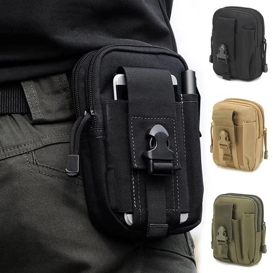 Unisex black tactical MOLLE EDC belt pouch, military-grade utility bag for hiking
