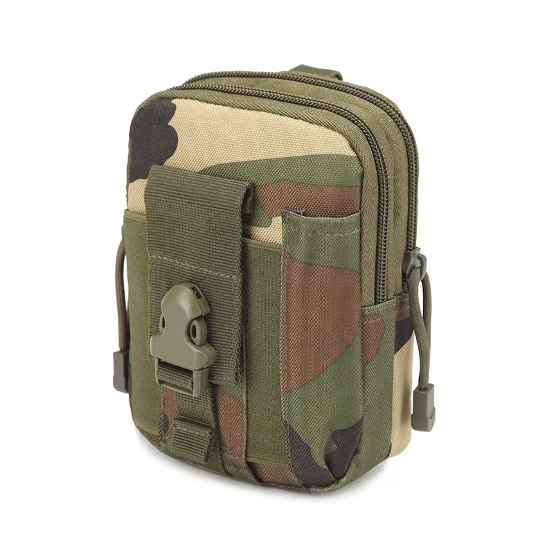 Black tactical MOLLE EDC belt pouch against a camouflage background, blending in nature