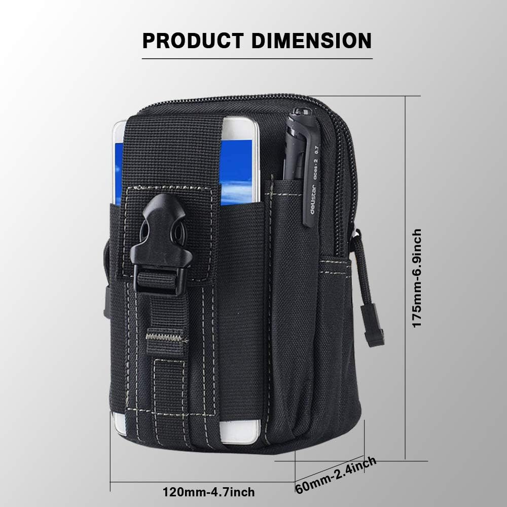 Flat lay of a military-grade tactical MOLLE EDC pouch with relevant outdoor gear