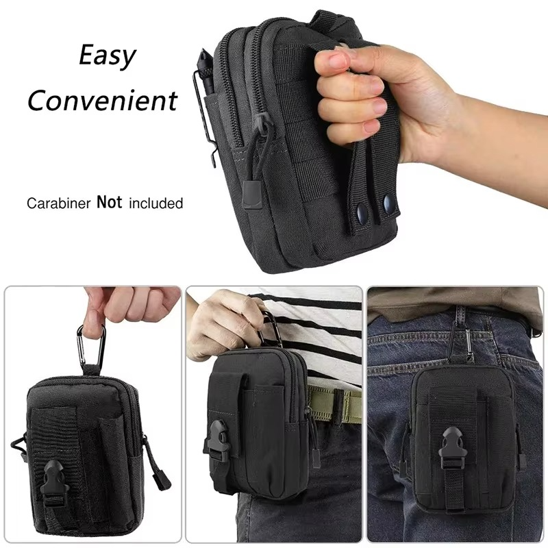 Front view of black tactical MOLLE EDC pouch with multiple compartments and zippers
