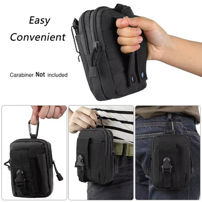 Front view of black tactical MOLLE EDC pouch with multiple compartments and zippers