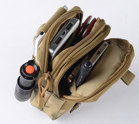 Tactical MOLLE EDC belt pouch attached to a backpack, showing its versatile utility