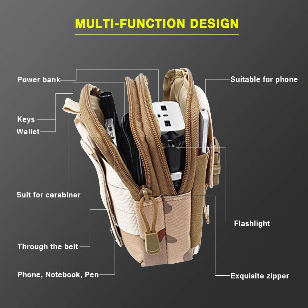 Unisex MOLLE EDC utility pouch with contents like a phone and multi-tool visible