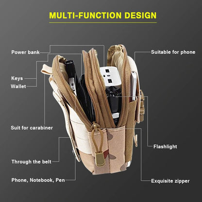 Unisex MOLLE EDC utility pouch with contents like a phone and multi-tool visible