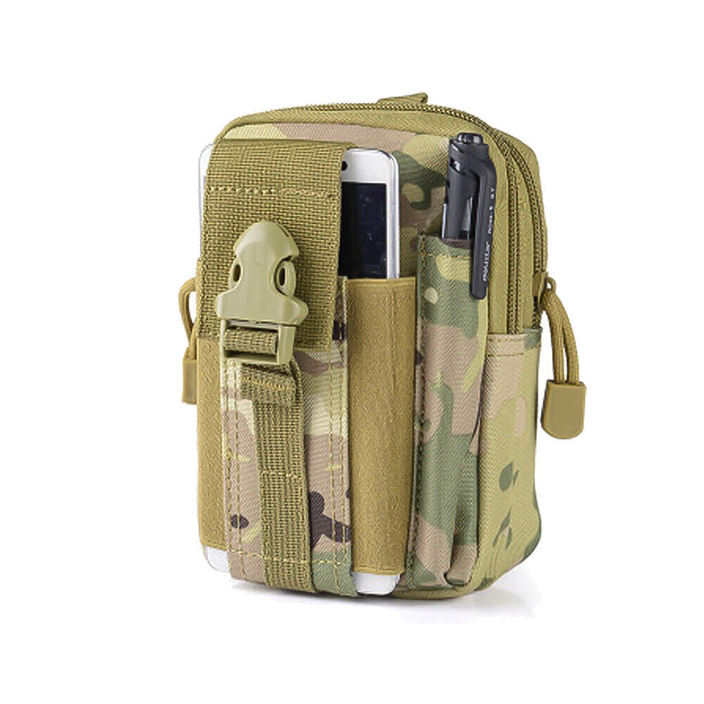 Person wearing a black tactical EDC belt bag securely on their waist during outdoor activity