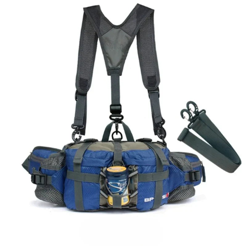 Unisex tactical waist pack with attached water bottle holder, ideal for long hikes and cycling