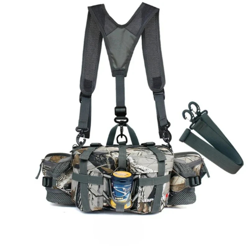 Unisex grey tactical waist pack with multiple compartments, perfect for hiking, travel, and sports