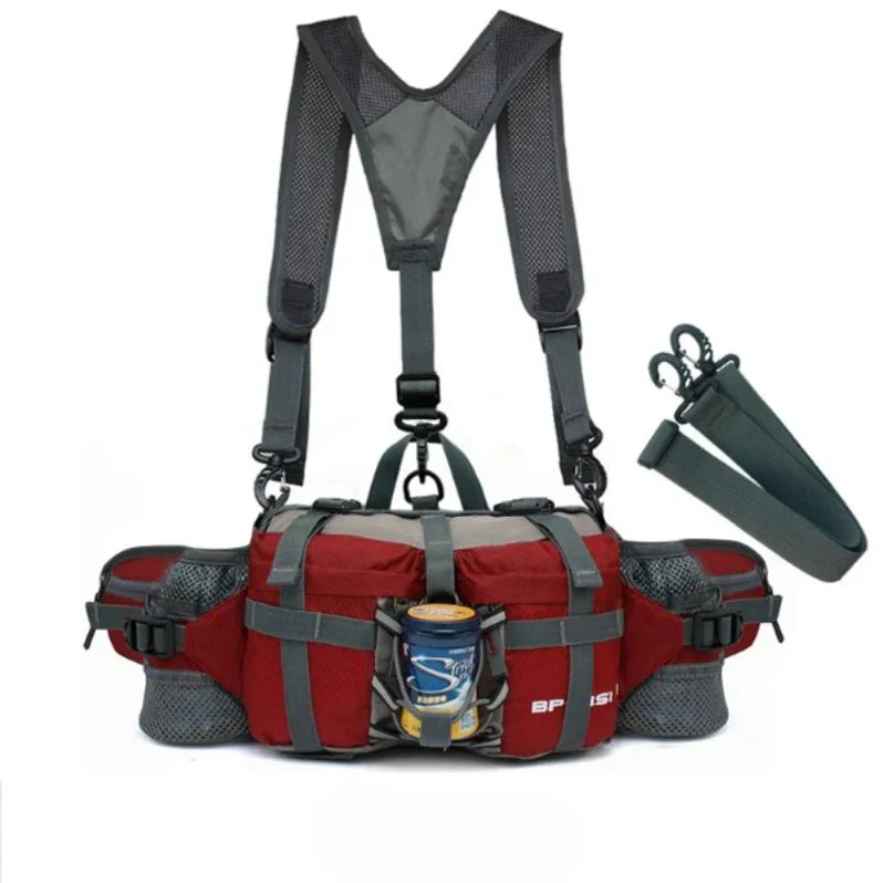 Model wearing a black unisex tactical waist pack, showcasing its use as a compact chest bag