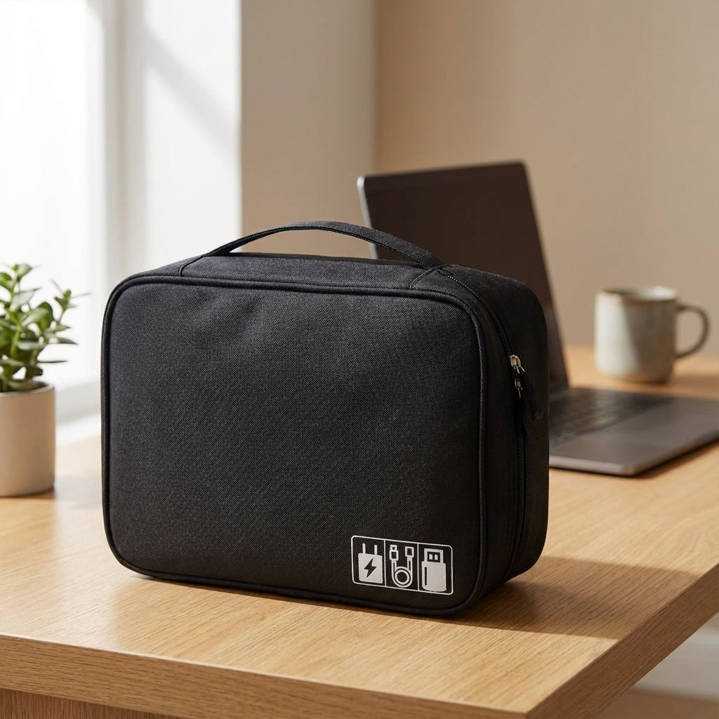 Unisex black travel gadget organizer bag for cables, chargers, and tech accessories.