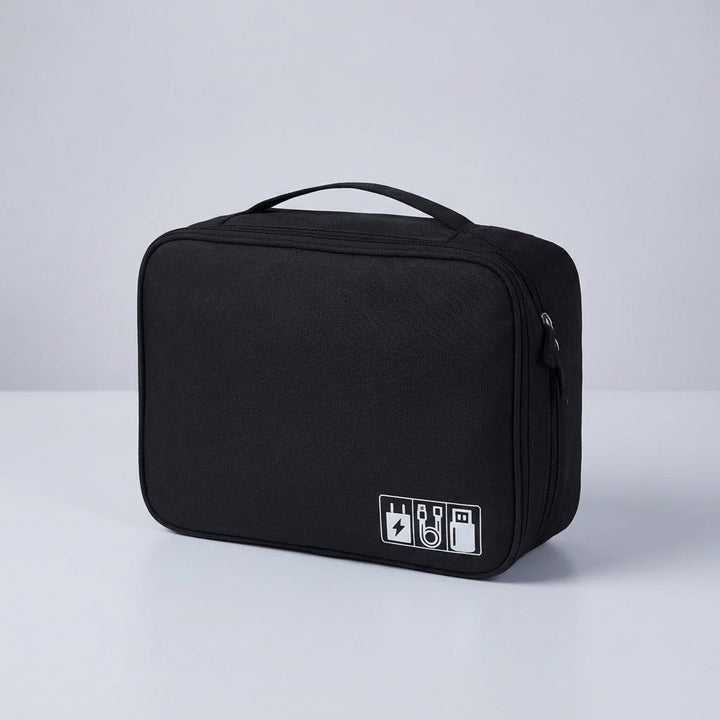 Portable tech organizer bag for travel, keeping electronics, USB cables & chargers tidy.