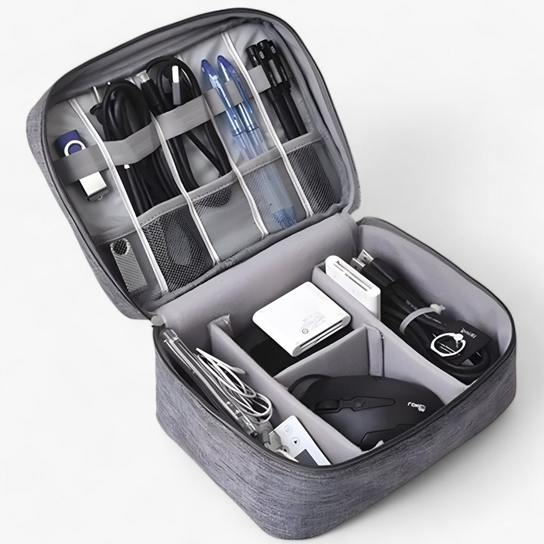 Durable unisex organizer bag for travel electronics, USB cables, chargers, and gadgets.