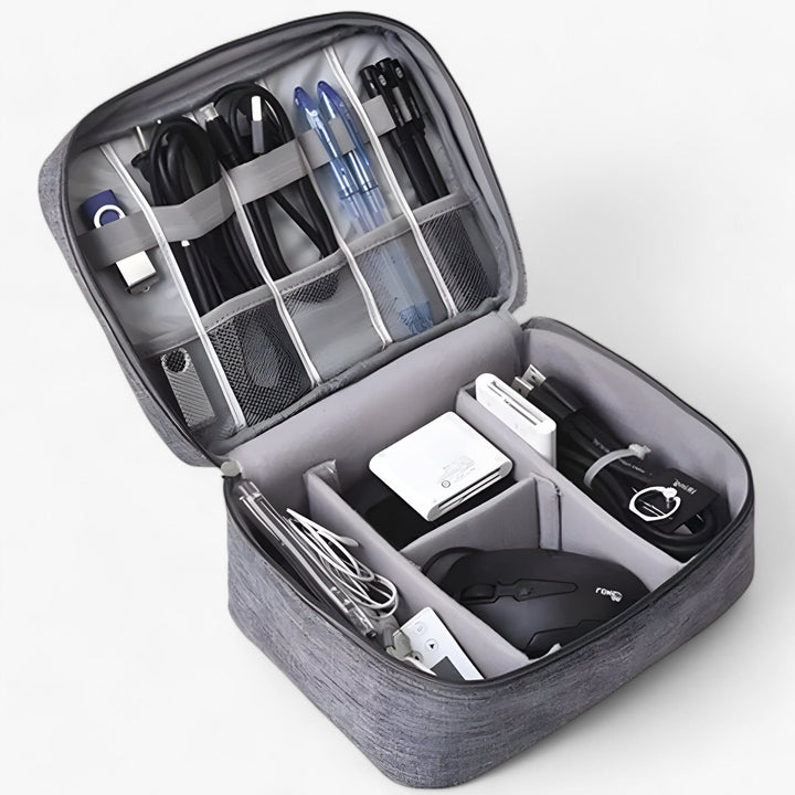 Durable unisex organizer bag for travel electronics, USB cables, chargers, and gadgets.