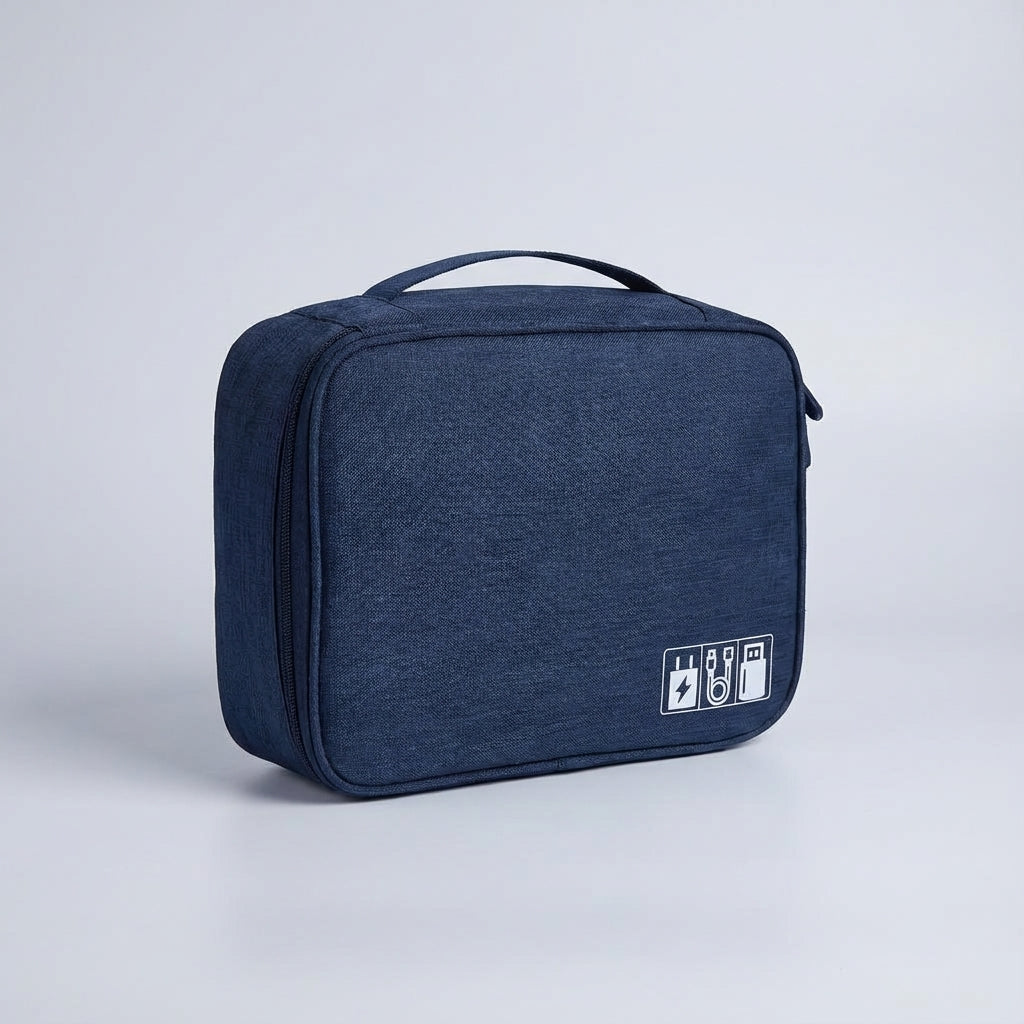 Compact gray travel organizer bag for gadgets, cables, and tech accessories, easy to carry.