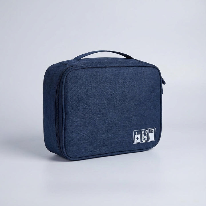 Compact gray travel organizer bag for gadgets, cables, and tech accessories, easy to carry.