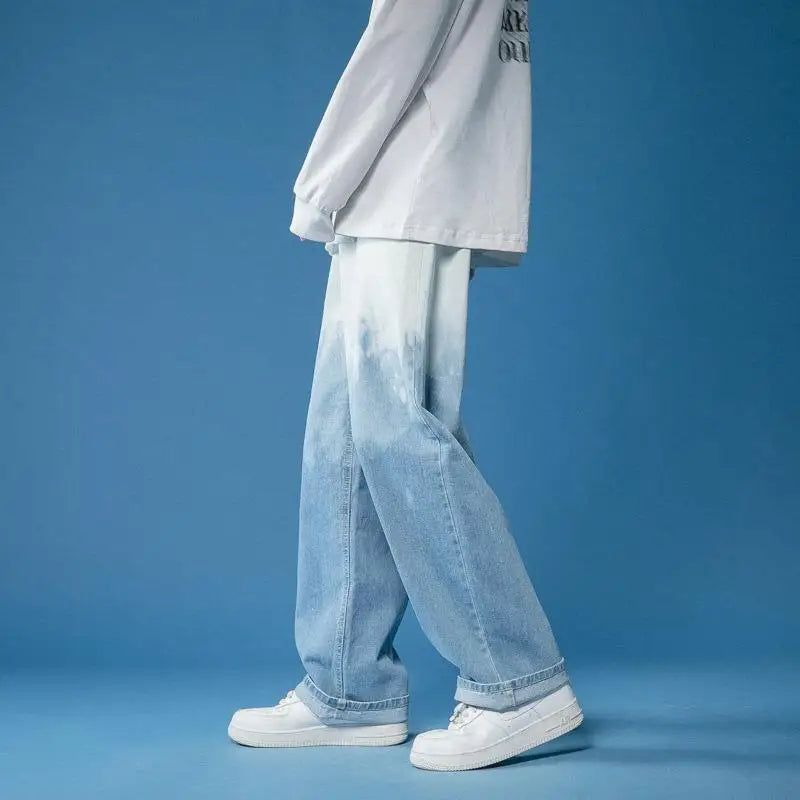 Bold unisex wide-leg jeans featuring a unique bleach-dye fade pattern, perfect for casual streetwear.