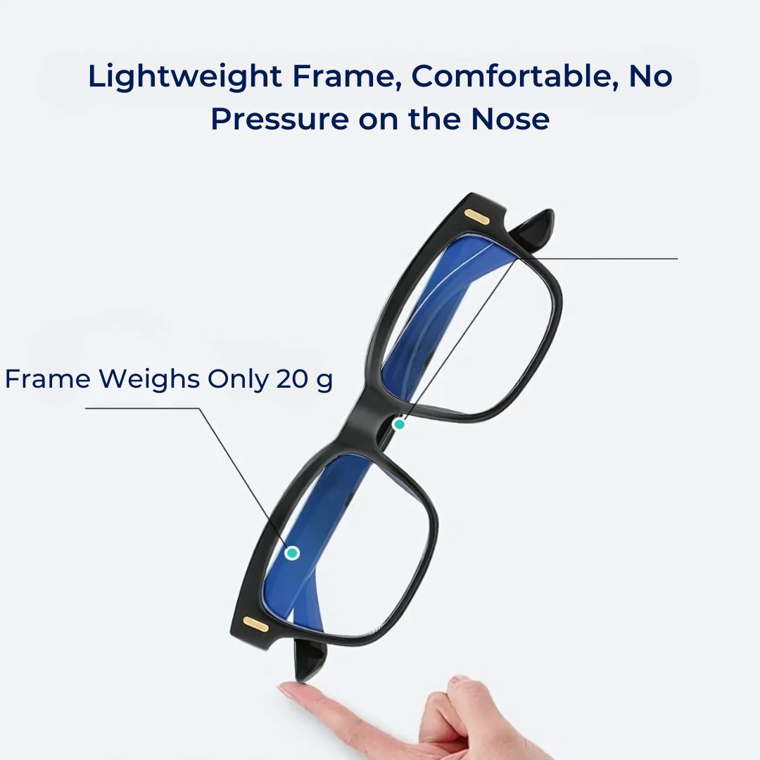 Blue light blocking glasses with UV protection, reducing eye fatigue from screens.