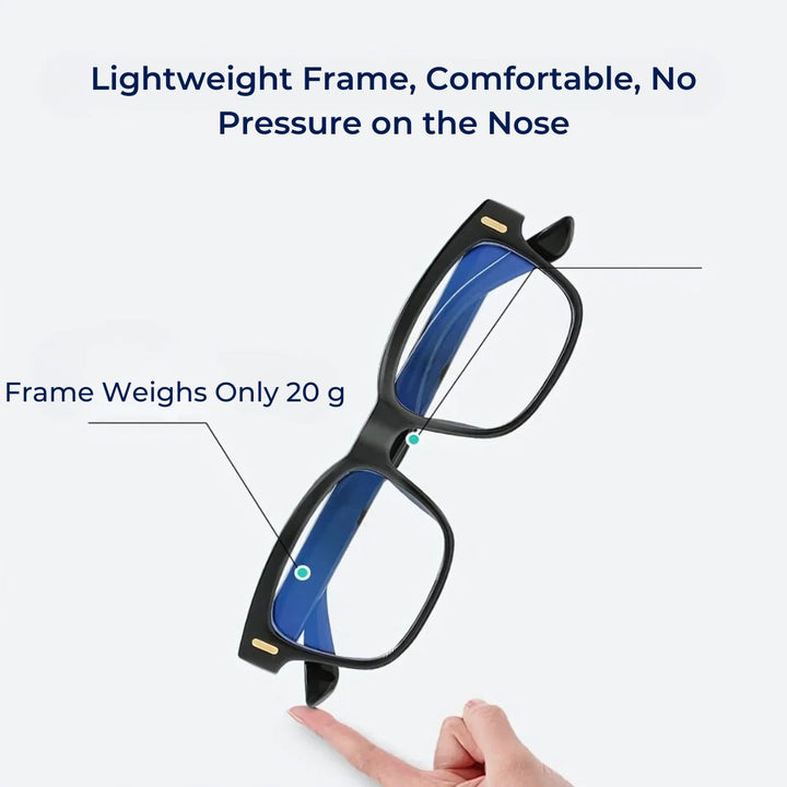 Blue light blocking glasses with UV protection, reducing eye fatigue from screens.