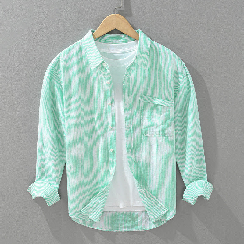 Comfortable mint striped unisex shirt, perfect for everyday button-up style & summer fashion.