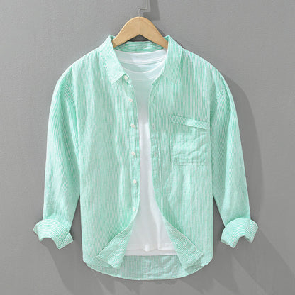 Comfortable mint striped unisex shirt, perfect for everyday button-up style & summer fashion.