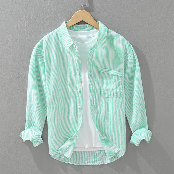 Comfortable mint striped unisex shirt, perfect for everyday button-up style & summer fashion.