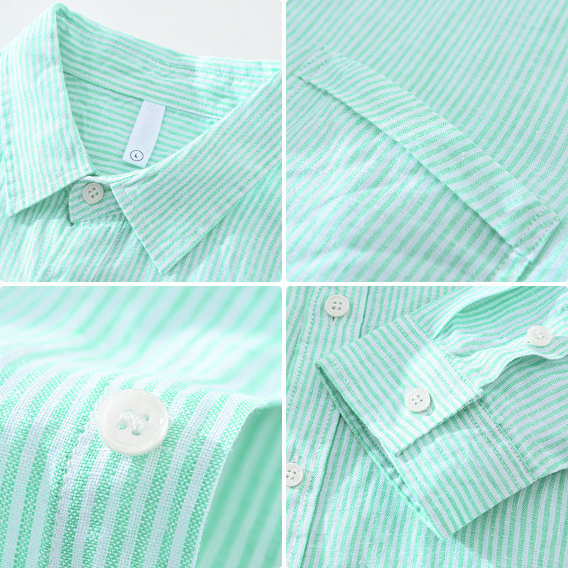 Versatile unisex button-up shirt with mint stripes, a comfortable top for everyday & summer.