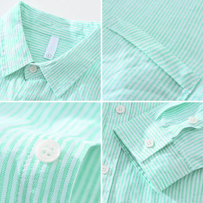 Versatile unisex button-up shirt with mint stripes, a comfortable top for everyday & summer.