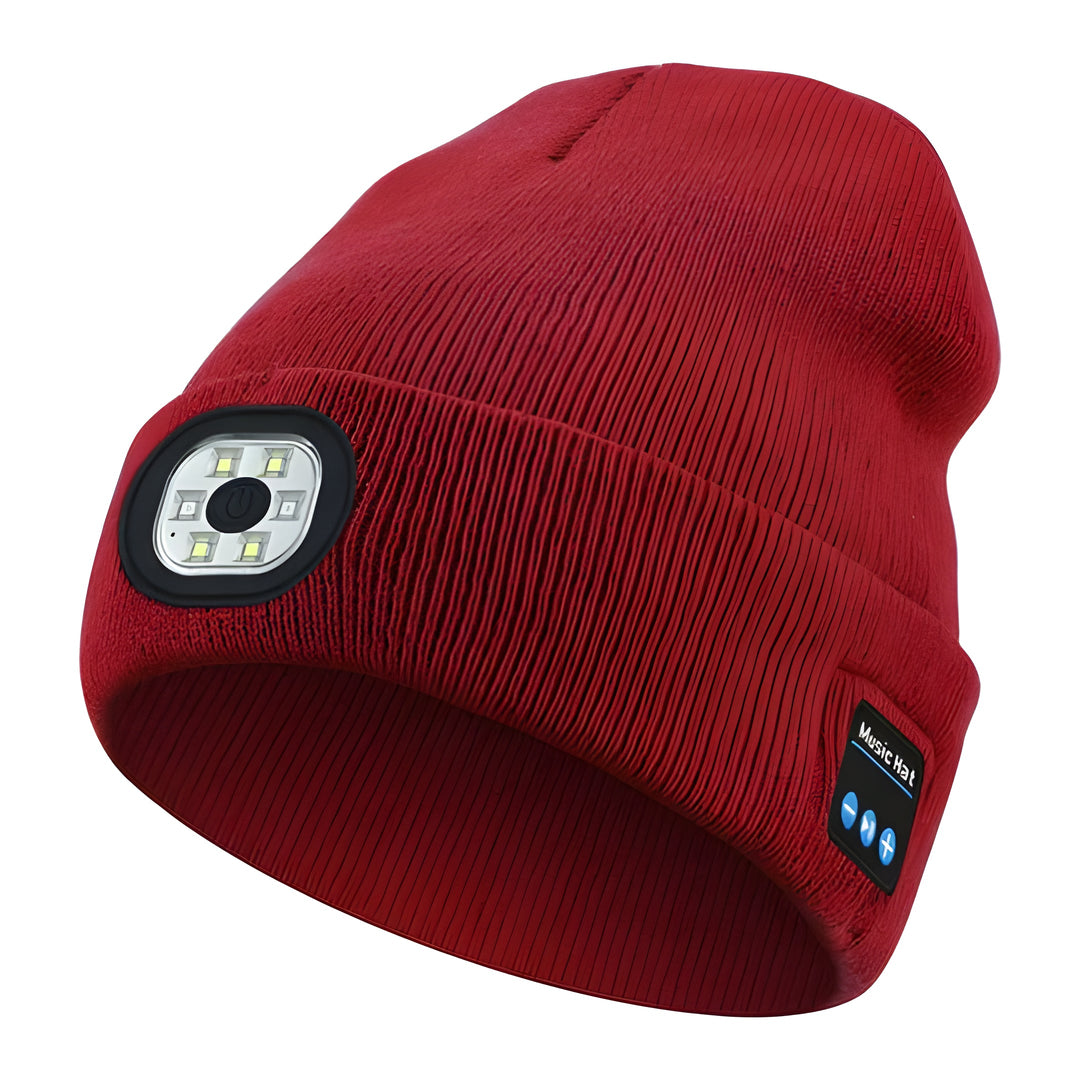 Unisex Bluetooth beanie with integrated LED light & speakers, perfect for hands-free music & illumination.