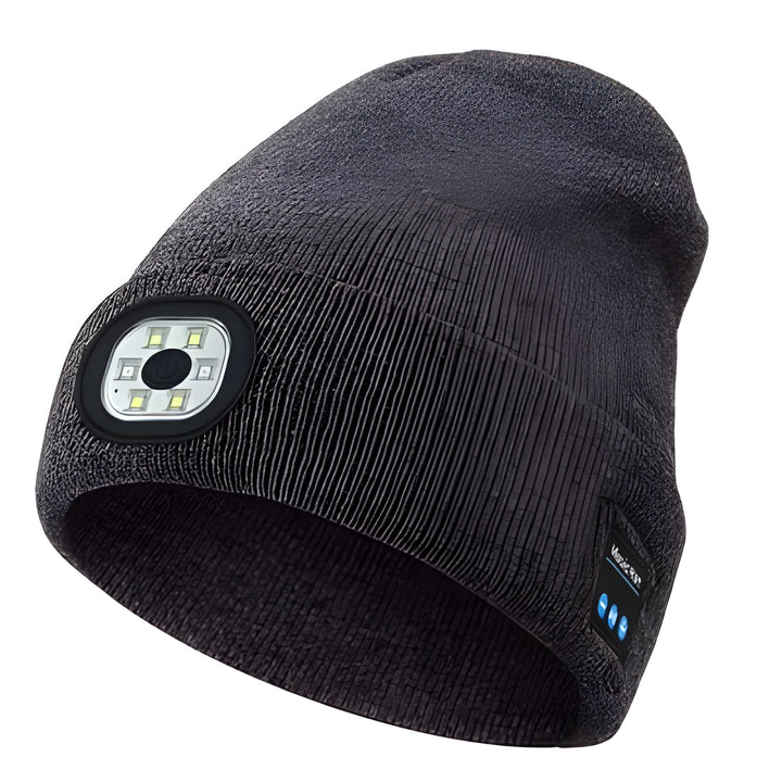 Hands-free Bluetooth beanie with LED light for runners, dog walkers & outdoor activities, ensures safety & music.