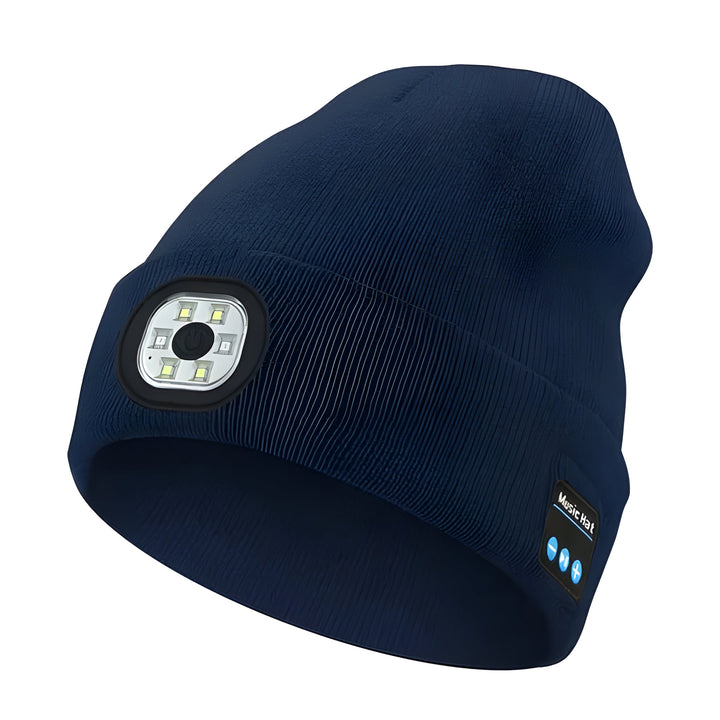 Rechargeable 3-in-1 winter beanie: warm hat, Bluetooth speakers, and bright LED light for unisex use.