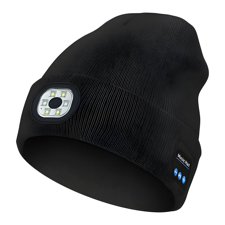 Safety-focused Bluetooth beanie with bright LED light & speakers, excellent for winter outdoor running & dog walking.