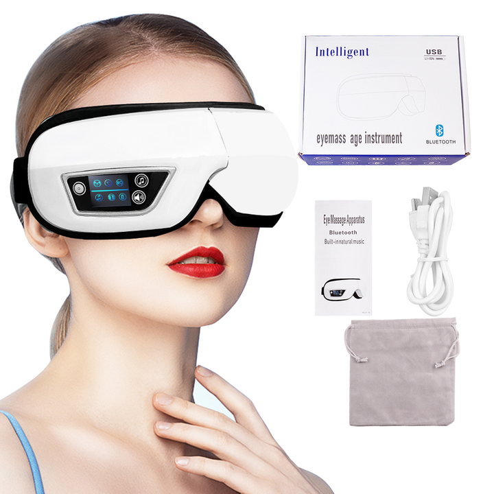 Unisex Bluetooth eye massager with air pressure, vibration & warm compress for relaxation.